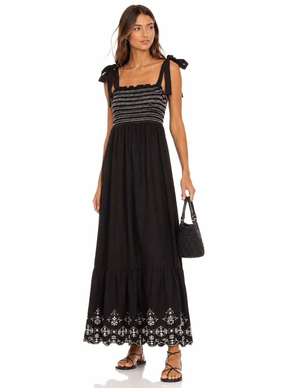 Black Smocked Tie-Shoulder Maxi Dress